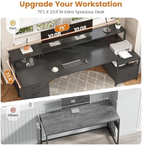 SEDETA 75'' Large Home Office Desk with 5 Drawer, Power Outlet, File Drawer