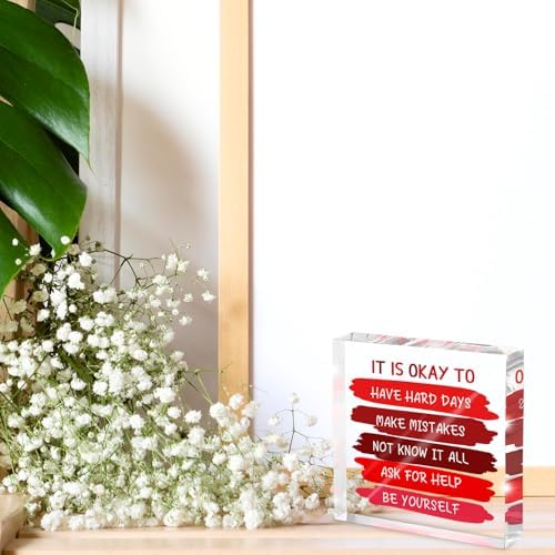 Mental Health Office Decor - Red 4 Inch Acrylic Tabletop Sign, Inspirational Desk Accessories for Workplace Wellness, Motivational Quote for Therapy Office & Home Desk