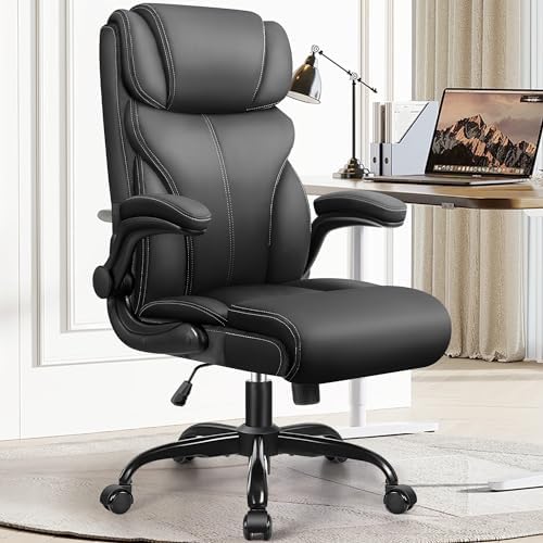 HeroSet Office Chair, Ergonomic Big and Tall Computer Desk Chairs, Executive Breathable Leather Chair with Adjustable Flip-up Armrests, Lumbar Support Swivel PC Chair with Rocking Function,Matte Black