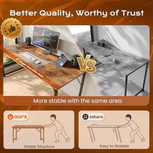 PRAISUN 55 X 24 Inch Computer Desk with Deeper Desktop, Gaming Office Writing Work Desk for Home Office, Study, Bedroom, Work from Home, Metal Frame, Rustic Brown