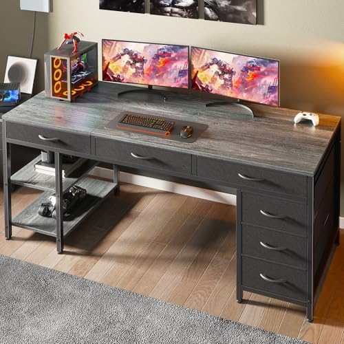 Huuger Computer Desk with 6 Drawers, Office Desk with Shelves, Reversible Gaming Desk, Corner Desk with Storage, Work for Home Office, Study, Living Room, 63inch, Grey