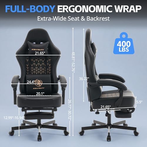 Desk Computer Gaming Chair - Ergonomic Game Office Chair with Extended Footrest and Massage Lumbar Support, Home Gamer Video Game Chairs with Spring Cushion for Adults (Pro Black Leather)