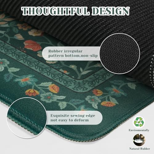 iCasso Aesthetic Floral Desk Mat,Retro Mouse Pads,31.5x11.8in,Deep Green