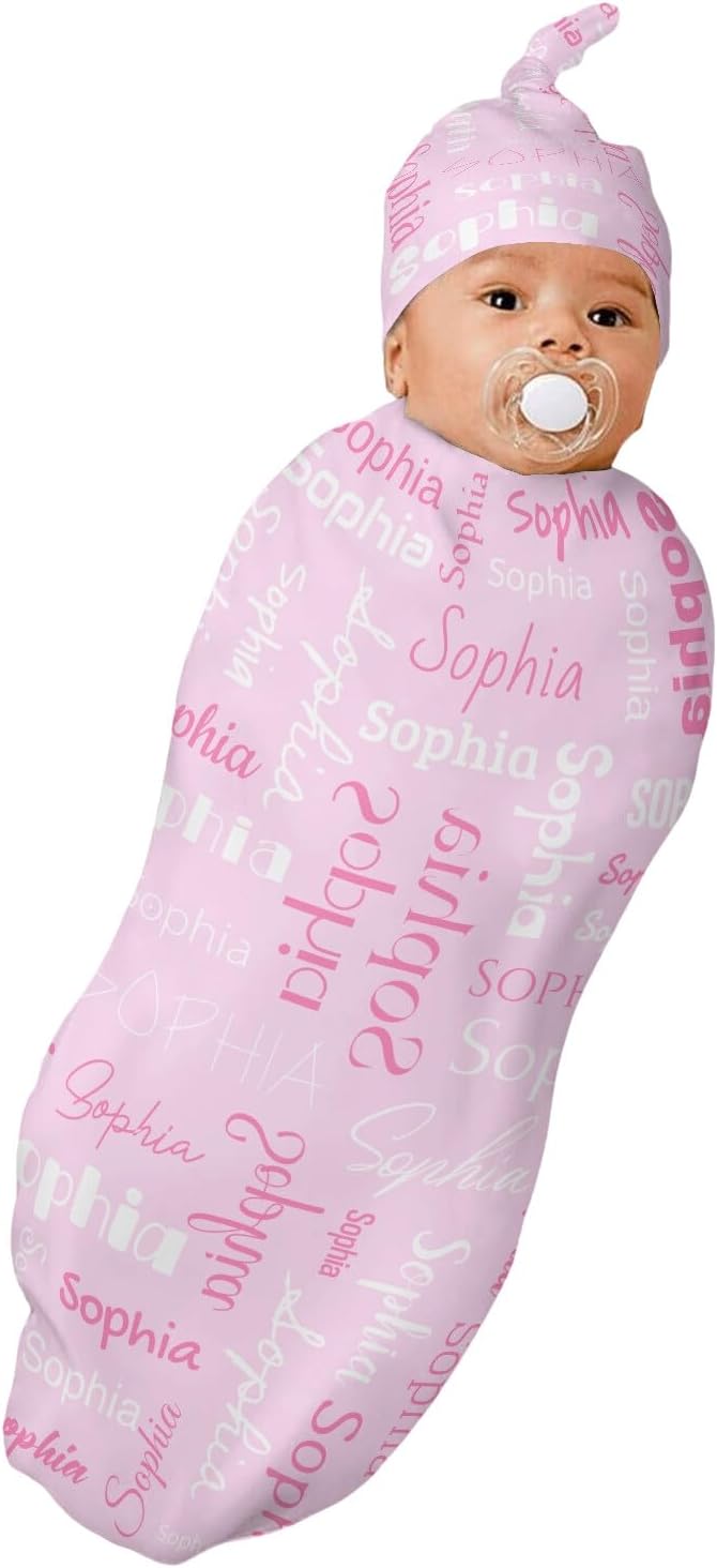 Swaddle Blanket with Hat Set Newborn Name Lettering Pink Receiving Blankets Baby Swaddle Wrap Soft Sleep Sack for Baby Boys and Girls
