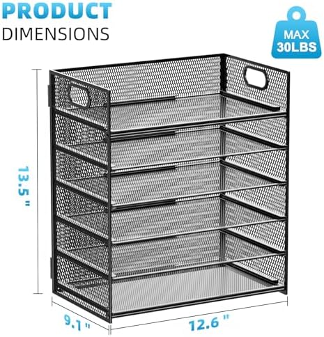 Marbrasse 6 Tier Paper Organizer Letter Tray - Mesh Desk File Organizer with Handle, Paper Sorter Organizer for Letter/A4 Office File Folder Holder - Black