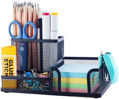 M&G Mesh Pen Holder Desk Organizers Pencil Holder for Desk Black, 3 Compartments Metal Office Supply Organizer with Sticky Notes Holder for School Home Office