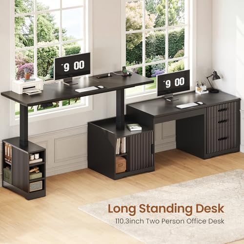 SEDETA Fluted L Shaped Electric Standing Desk, 63" x 67" Height Adjustable Home Office Executive Desk with Drawers and Shelves, Two Person Desk with Power Outlet for Home Office, Black