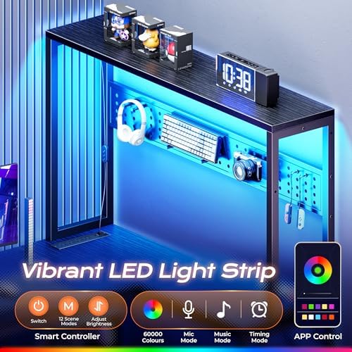 PRAISUN L Shaped Gaming Desk with LED Lights & Power Outlets