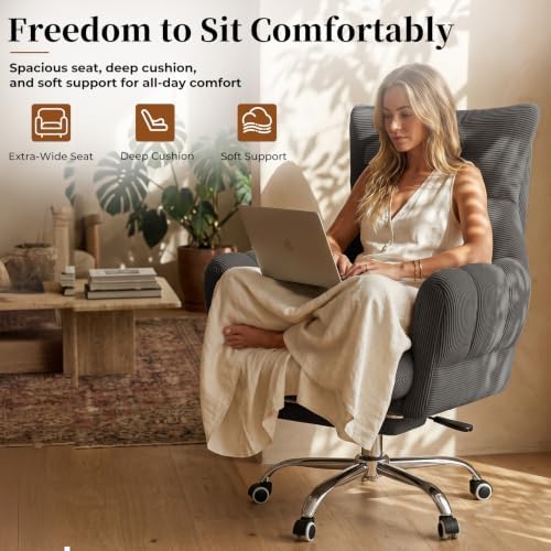 HOMRELEXA Cross Legged Office Chair, Cloud Desk Chair with Flip-Up Arm Rests, Foot Rest, Wide Seat, Comfy Executive Ergonomic Computer Gaming Chair, Gray