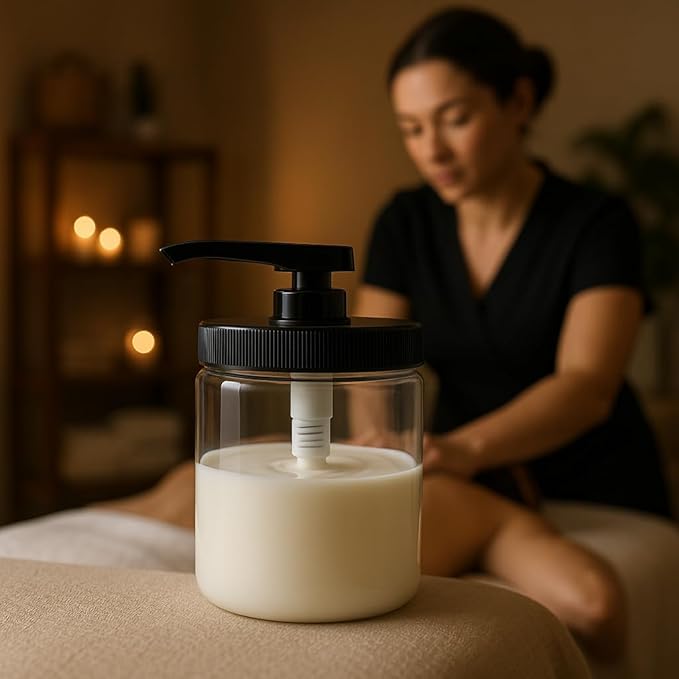 Royal Massage 16oz Refillable Pump Jar with Locking Dip Tube Dispenser – BPA-Free Plastic Container for Massage Oils, Lotions, Creams – Ribbed Lid Wide-Mouth Jar – Durable & Reusable (2, Amber/White)