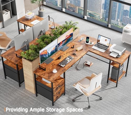 Furologee 66” L Shaped Desk with Power Outlet, Reversible Home Office Desk with File Drawer, 2 Monitor Stands, Storage Shelves, Corner Computer Table for Gaming, Writing, Rustic Brown