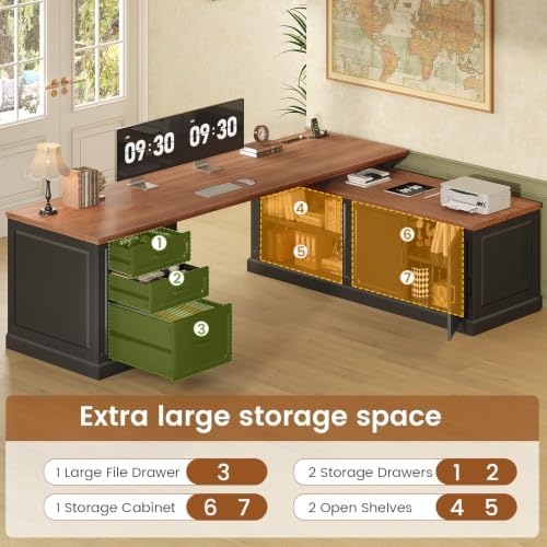 SEDETA Farmhouse L Shaped Desk with Drawers, 70.9" Home Office Desk with Storage Cabinet and Storage Shelves, L Shaped Computer Desk with Power Outlet，Black+Brown