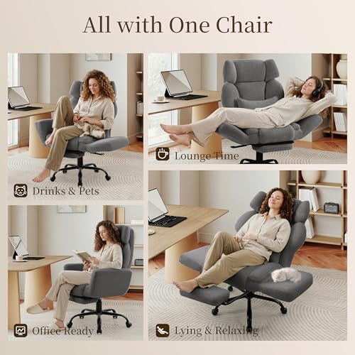 Office Chair with Flip Armrests,Comfy Criss Cross Chair for Pets Sitting,Big and Tall Office Chair with Foot Rest,Extra Wide Seat & Lumbar Pillow,Ergonomic Computer Gaming Chair,Teddy Fleece,Grey