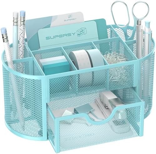 Mesh Desk Organizer with Drawer, 9-Compartment Pen Holder for Desk, Blue
