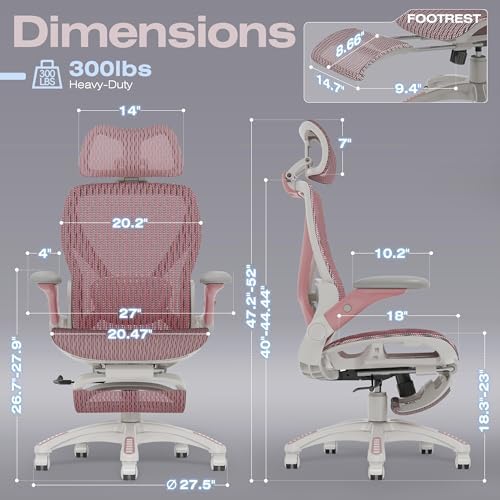 ELABEST X100 Ergonomic Mesh Office Chair with Footrest, Big and Tall Home Desk Chair with 5D Flip-Up Arms, Adjustable 3D Lumbar Support, Gaming & Executive Computer Chair (Peach Blossom)