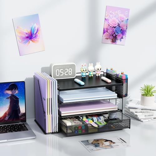 gianotter Wood Desk Organizers and Accessories with File Holder, 4-Tier Desk Accessories & Workspace Organizers with Drawer and 2 Pen Holder, Desk Reference Organizer (Black, 4T with Metal Drawer)