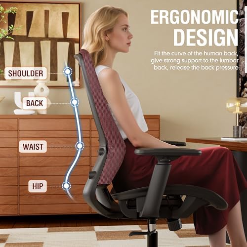 ELABEST Mesh Office Chair,Ergonomic Computer Desk Chair,Sturdy Task Chair- Adjustable Lumbar Support & Armrests,Tilt Function,Comfort Wide Seat,Swivel Home Office Chair (Red)
