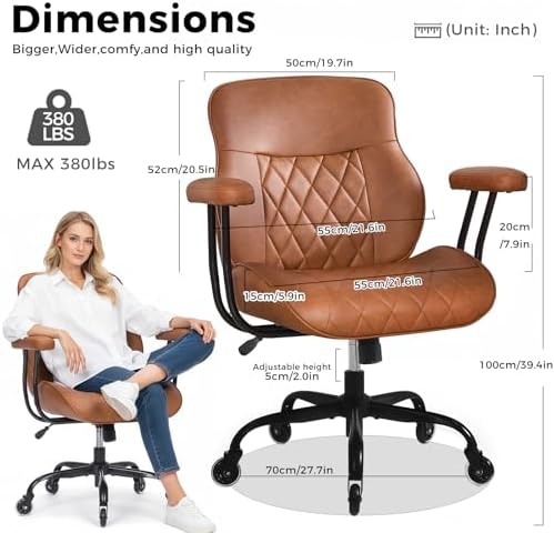 BEWISHOME Brown Leather Office Chair with Quiet Rubber Wheels