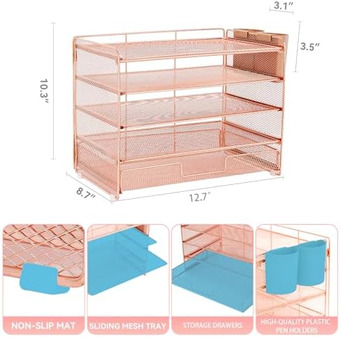 LEKETREE Desk Organizer and Accessories, 5-Tier Paper Letter Tray Organizer with Drawer & 2 Pen Holders for Desktop File Organization, Office Desk Accessories for Supplies Storage (Rose Gold)
