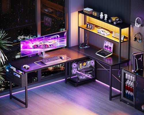 ODK 61" L Shaped Gaming Computer Desk with Shelves, LED & Outlets, Black