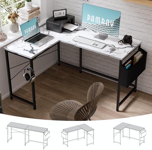 Pamray 47 Inch Reversible L Shaped Gaming Desk Corner Computer Desk with Storage Bag Home Office Table for Writing Study Marble