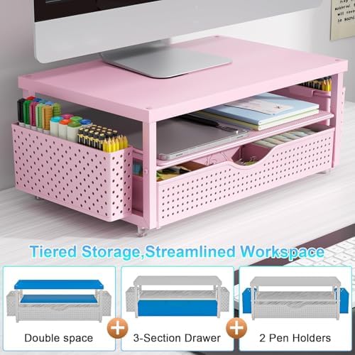 gianotter Desk Organizers and Accessories, Monitor Stand with Drawer and 2 Pen Holder, Desktop Organizer Suitable for Offices and Dormitories (Matte Pink)