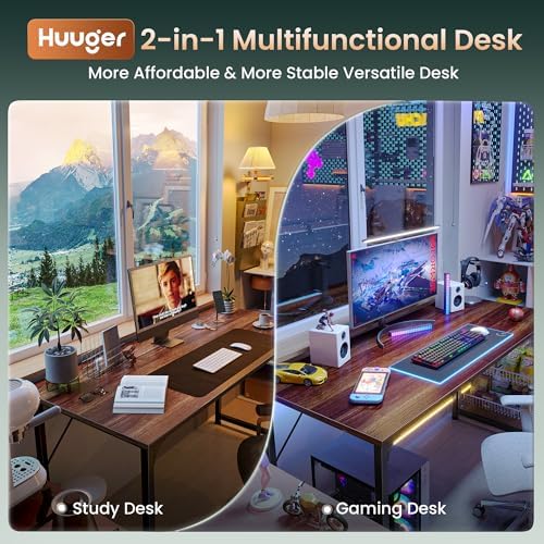 Huuger Computer Desk, 54 Inch Office Desk, Gaming Desk with Storage, Writing Desk Work Desk for Home Office, Study, Modern Simple Desk, Large Legroom, Metal Frame, Walnut