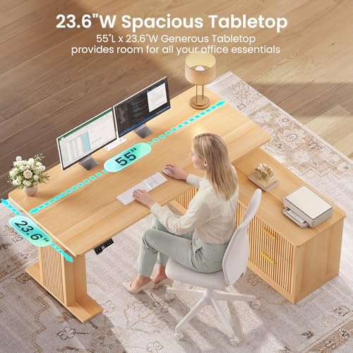 SEDETA Fluted L Shaped Executive Electric Standing Desk with Drawers