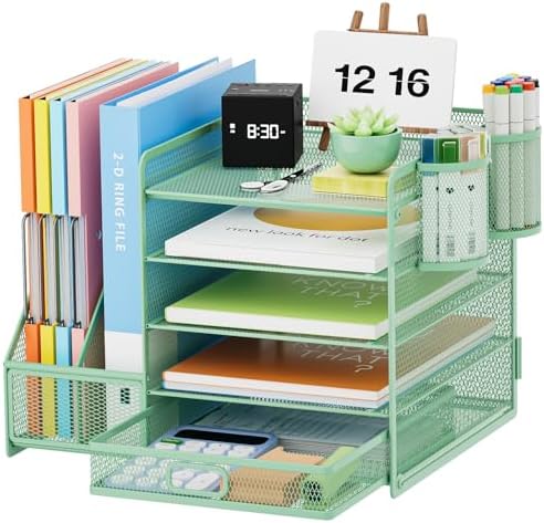 Marbrasse Desk Organizer with File Holder, 5-Tier Paper Letter Tray Organizer with Drawer and 2 Pen Holder, Mesh Desktop Organizer and Storage with Magazine Holder for Office Supplies (Green)