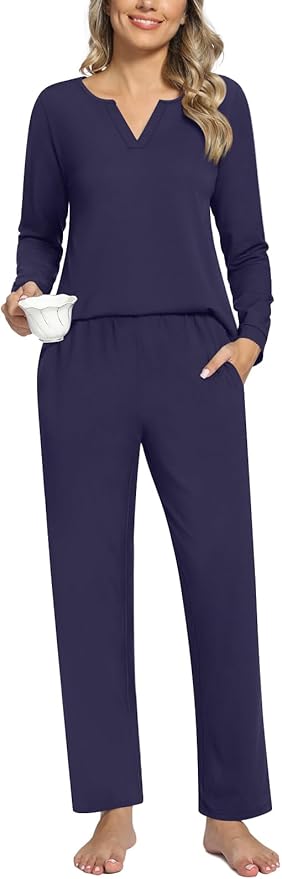 Anyally Women's Plus Size Pajama Sets Ladies Fall Pjs 2 Pieces Lounge Outfits V Neck Long Sleeves Sleepwear with Pockets