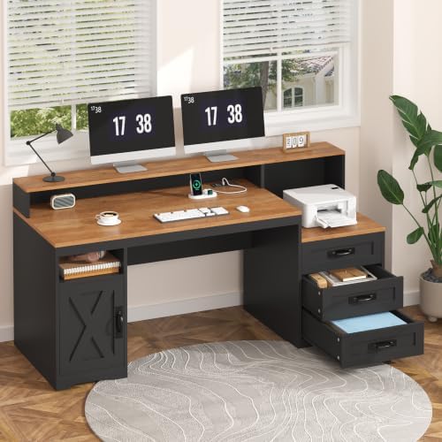 65" Farmhouse Computer Desk with Drawers and Printer Stand for Home Office