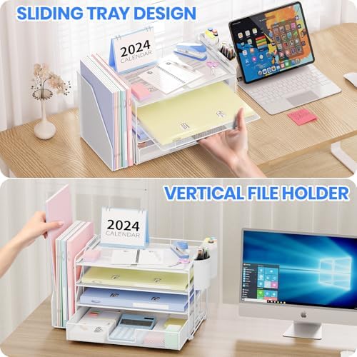 OPNICE Desk Organizer, 4-Tier Desktop File Organizer with Drawer and Pen Holders, Office Desk Accessories, File Sorters, Workspace Organizers for Office Supplies(White)