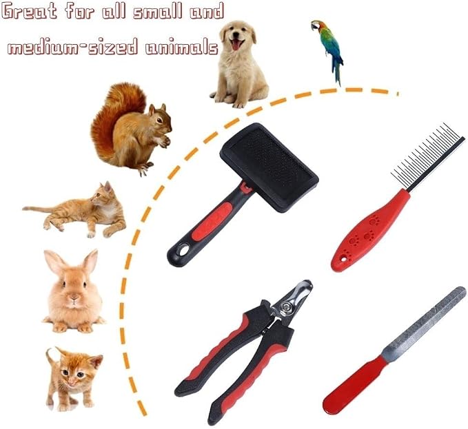 Rabbit Professional Nail Clippers Grooming Kit with Pet Shedding Slicker Brush, Pet Grooming Comb, Nail Clipper Trimmer for Rabbit, Puppy, Kitten, Guinea Pig, Hamster, Ferret (4PCS)