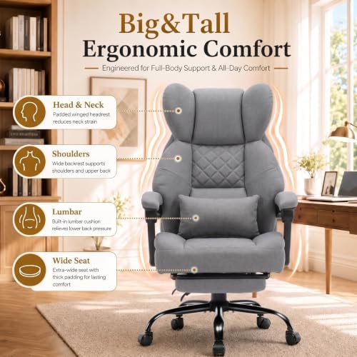 GTPLAYER Big&Tall Ergonomic Gaming Chair, Wide Spring Seat, Linkage Armrest,Gray