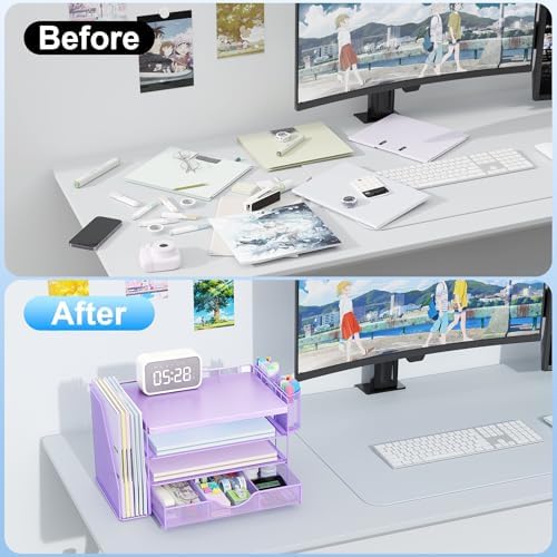 gianotter Wood Desk Organizers and Accessories with File Holder, 4-Tier Desk Accessories & Workspace Organizers with Drawer and 2 Pen Holder, Desk Reference Organizer (Purple, 4T with Metal Drawer)