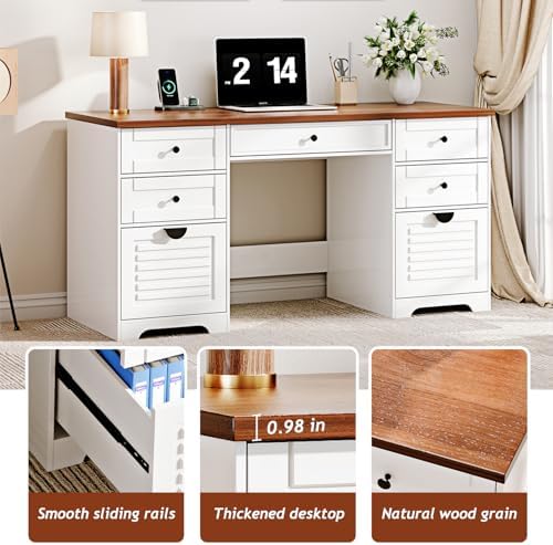 Ieejdn 59" Home Office Desks, Executive Desk, Farmhouse Computer Desk with 7 Drawers and Charging Station, File Drawer, Rustic Computer Writing Desk,Antique Cream