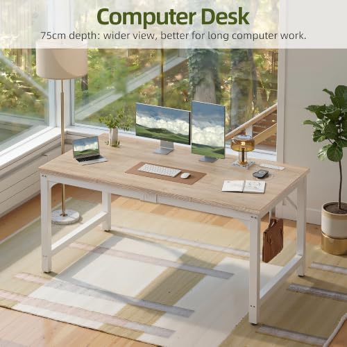 TIQLAB 55 x 30 Inch Extra-Deep Computer Desk with Power Outlets, Heavy-Duty Office Desk, Wide Gaming & Work Desk for Home Office, Maple