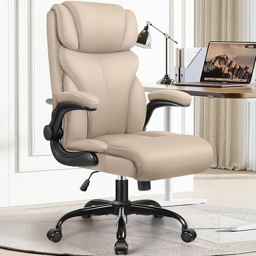HeroSet Office Chair, Ergonomic Big and Tall Computer Desk Chairs, Executive Breathable Leather Chair with Adjustable Flip-up Armrests, Lumbar Support Swivel PC Chair with Rocking Function,Khaki