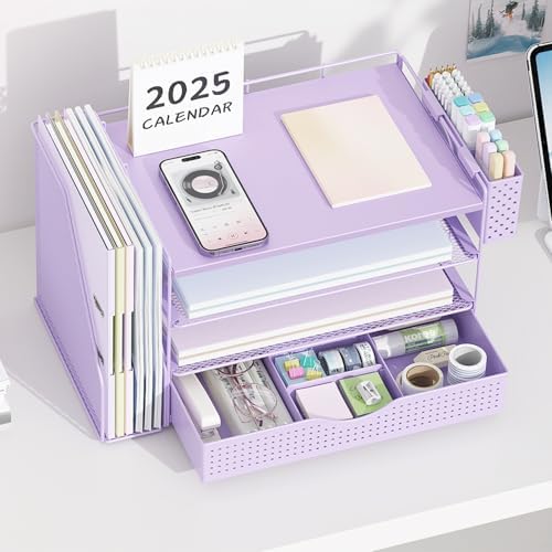 Wood Desk Organizers and Accessories with File Holder, 4-Tier Desk Accessories & Workspace Organizers with Drawer and Pen Holder, Desk Reference Organizer (Purple, 4T with Drawer)