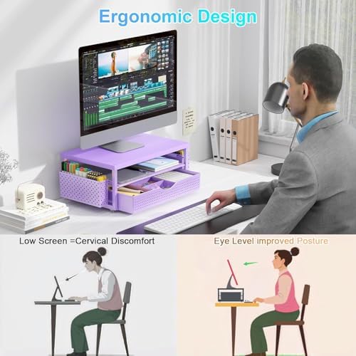 gianotter Desk Organizers and Accessories, Monitor Stand with Drawer and 2 Pen Holder, Desktop Organizer Suitable for Offices and Dormitories (Matte Purple)