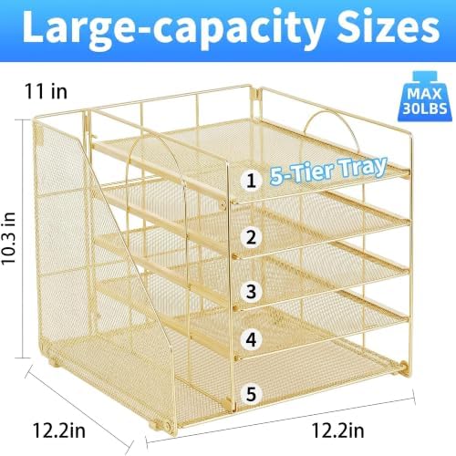 OPNICE Desk Organizer, 5-Tier Paper Organizer Letter Tray, Gold