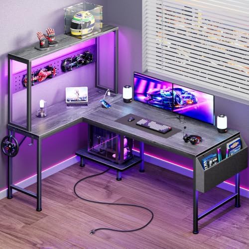 PRAISUN L Shaped Gaming Desk with LED Lights & Power Outlets