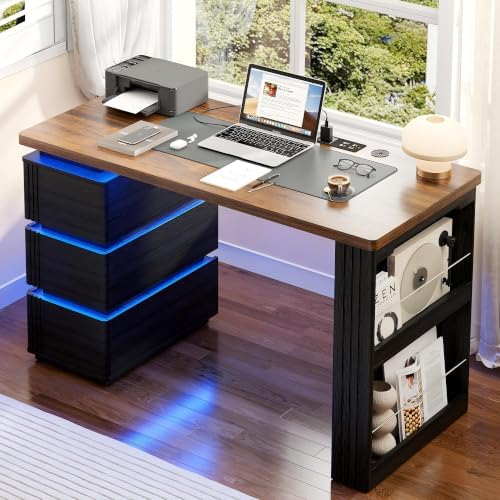 Vlsrka 47.2" Home Office Desk with 3 Drawers, Computer Desk with LED Lights