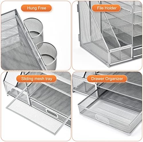 Marbrasse Desk Organizer with File Holder, 5-Tier Paper Letter Tray Organizer with Drawer and 2 Pen Holder, Mesh Desktop Organizer and Storage with Magazine Holder for Office Supplies (Silver)