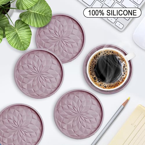 ME.FAN Silicone Coasters with Holder,[6 Pack] Drinking Coasters - Cup Mat for Hot or Cold Drinks, Thickened, Non-Slip, Non-stick,Deep Tray Pale Mauve