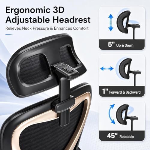 Ergonomic Office Chair, Mesh Desk Chair with Headrest, Lumbar Support, Thick Seat Cushion, Flip-up Arms, High Back Computer Task Chairs for Home Office, Black/Gold