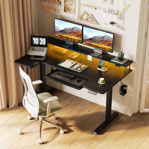 OffiGo 55 Inch U Shaped Electric Standing Desk with Keyboard Tray, Black