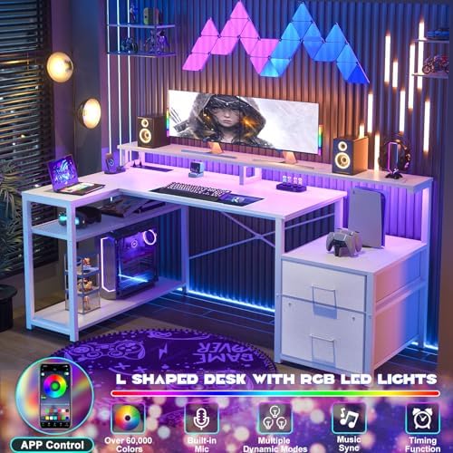 Aheaplus L Shaped Desk with File Drawer, Reversible L Shaped Gaming Desk