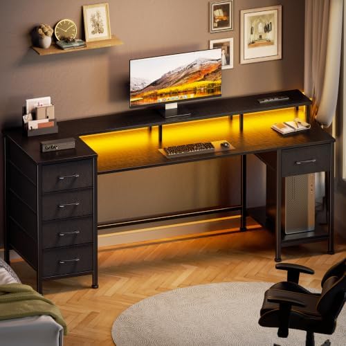 Korfile 61 Inch Gaming Computer Desk with Power Outlets,LED,5 Drawers,Black