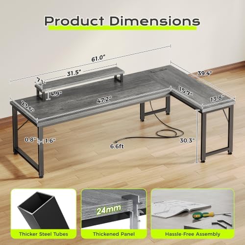 PRAISUN 61" L Shaped Computer Desk, Power Outlets, Monitor Stand, Grey